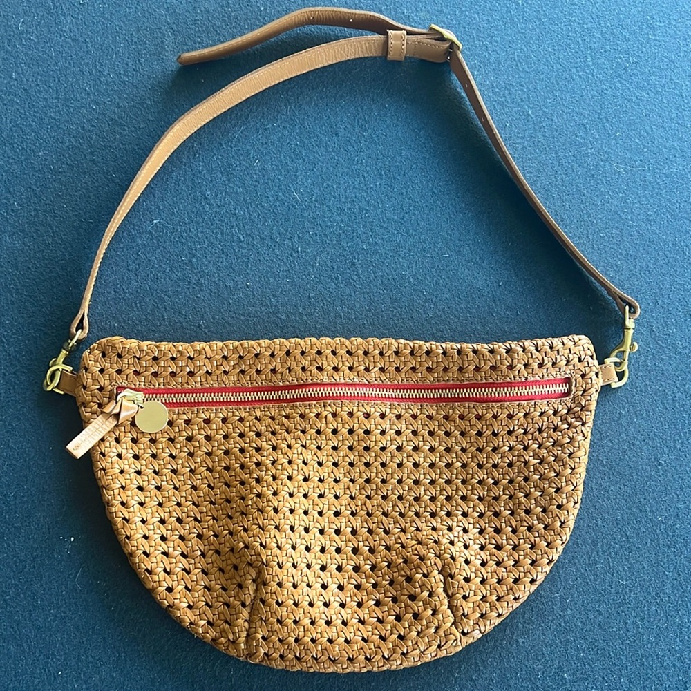 Clare V. Grande Fanny Tan Rattan with Red Zipper